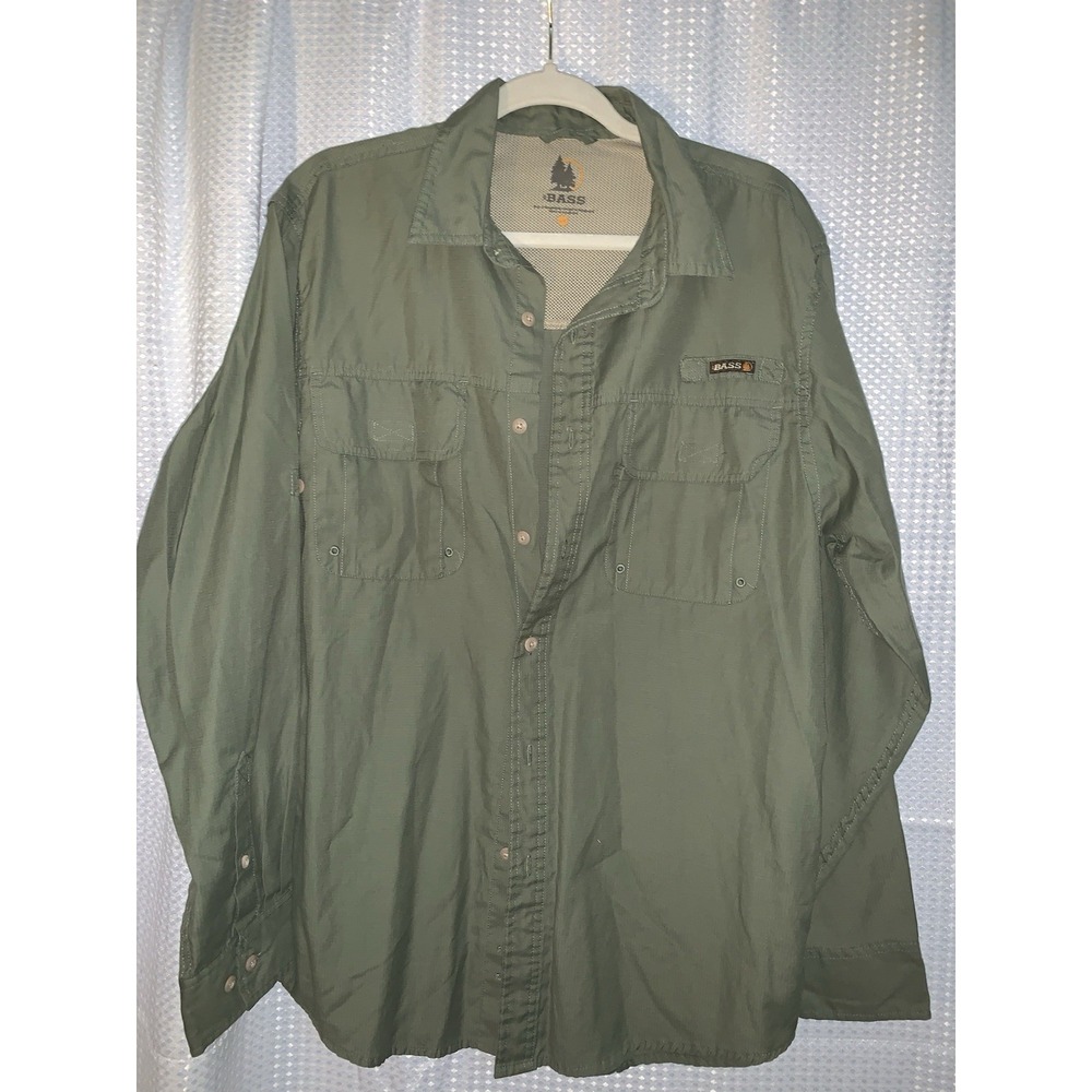 Bass Outdoor Men Large Long Sleeve Button-Up Shirt Olive Green Solid